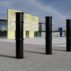 A row of GFC6000 Concrete in Bollards with a Galvanised and Black Finish